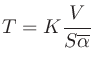 $\displaystyle T = -K\frac{V}{S\log_{e}\left(1-\overline{\alpha}\right)}
$