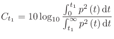 $\displaystyle C_{t_1} = 10\log_{10}\frac{\int_{0}^{t_1}p^2\left(t\right)\mathrm{d}t}{\int_{t_1}^{\infty}p^2\left(t\right)\mathrm{d}t}
$